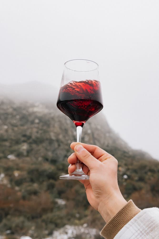 Copa de vino tinto sostenida frente al cerro